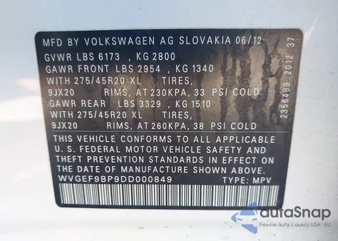 2013 Volkswagen Touareg Vr6 Executive from USA, damaged, VIN WVGEF9BP9DD000849